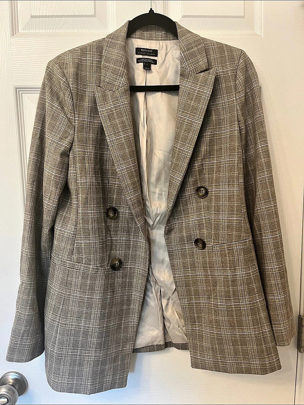 RW & CO Plaid Double-Breasted Blazer in Brown & Gray Like New